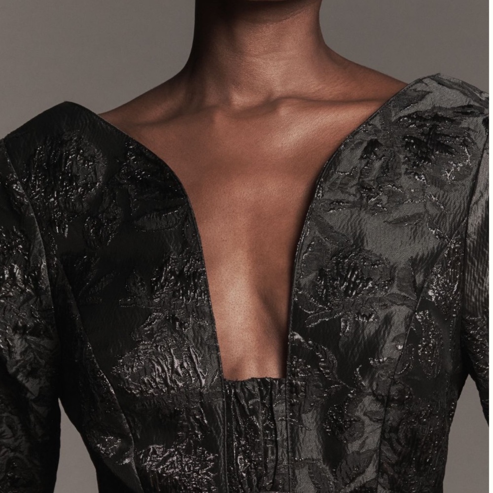 Black Jacquard Plunge Neckline Mini Babydoll Dress by Maeve from Anthropologie 🖤